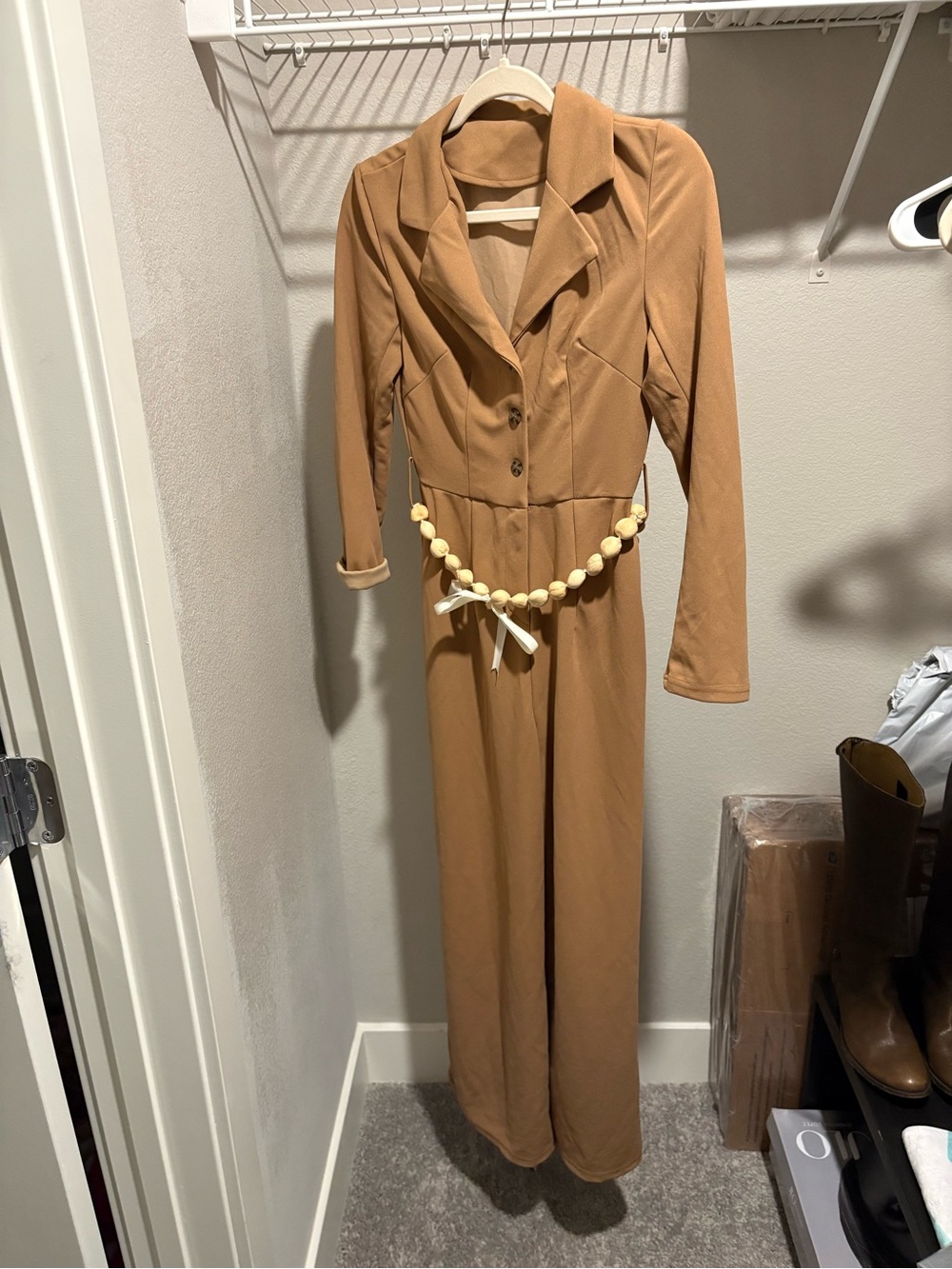Women Long Sleeve Camel jumpsuit with Tailored Collar and optional belt size xs - Picture 3 of 11